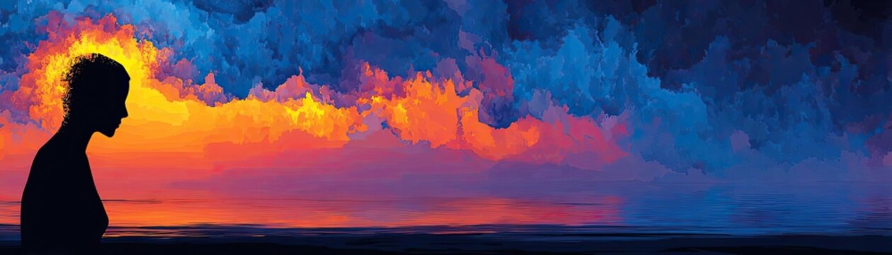 Visual effects of bullying with storm of hurtful words concept. Silhouette of a person against a vibrant sunset and cloudscape.