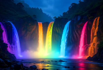 A waterfall cascading in seven bright colors instead of water, shimmering like liquid light and illuminating the entire valley.