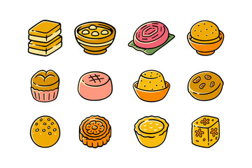 oriental pastry, chinese snack asian dessert, traditional sweets colorful doodle vector illustration element design set for restaurant menus, packaging, food packaging and merchandise