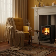 Cozy Living Room Interior with Fireplace Armchair and Warm Lighting and Wood Floors