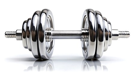 Naklejka premium Shiny chrome adjustable dumbbell with weight plates on a white background with reflection