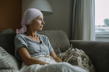 Young blonde woman suffering from cancer smiling while sitting on a sofa at home looking at window