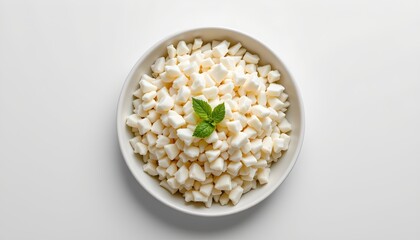 A bowl filled with white spherical objects that resemble cheese. The bowl sits against a white background