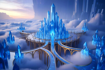 A grand city made entirely of glowing blue crystals, suspended in the clouds with golden bridges connecting floating towers.