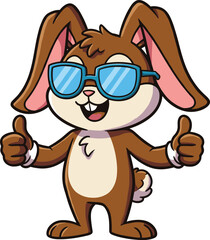 Cute cartoon bunny rabbit wearing blue sunglasses and smiling with double thumbs up, happy funny animal mascot illustration for kids