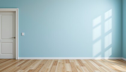 Obraz premium An interior space featuring hardwood floors, and a white wall with blue trim around the baseboard and window casings, indicating it's part of a room