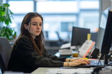 Stressed woman working at office using computer. AI generated