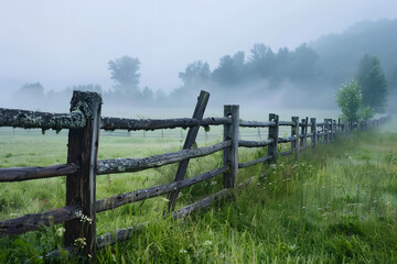 Misty Morning Countryside Rustic Fence and Meadow Tranquility