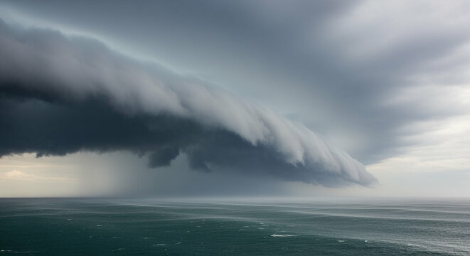 Dramatic Shelf Cloud Formation Looms Over Expansive Ocean Waters, Signaling an Impending Intense Storm with Visible Rainfall and Turbulent Seas