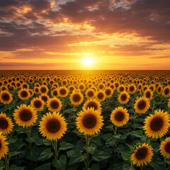 Vibrant Sunflower Field at Golden Hour with Dramatic Sky and Horizon Landscape View