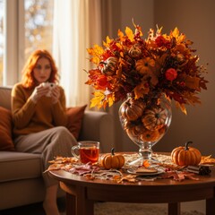 Autumnal Arrangement with Woman Drinking Tea on Sofa in Soft Natural Light