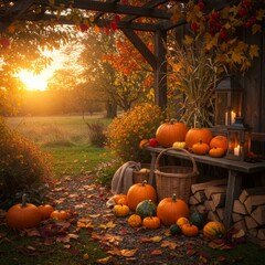 Autumn Harvest Scene with Orange Pumpkins and Fall Foliage Under Golden Sunset Light