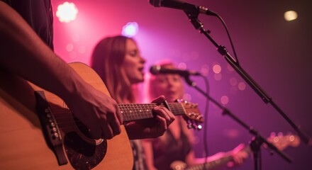 Naklejka premium Musicians perform with guitars and microphones on stage.