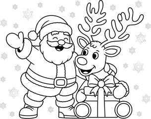 Cute Santa Claus and reindeer cartoon coloring page with Christmas gift and snowflakes, festive holiday vector illustration for kids
