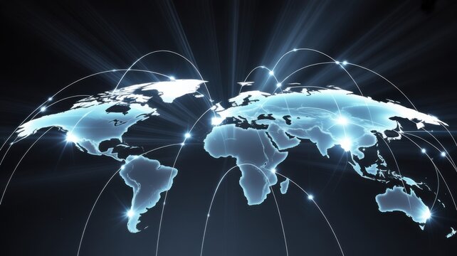 Global Connectivity: A luminous, interconnected world map symbolizes the vast network of global connections, with radiant lines tracing the flow of data and communication across continents. - Powered by Adobe