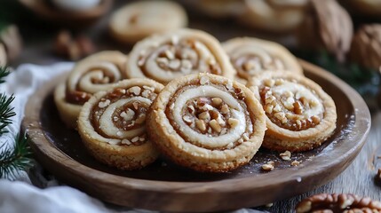 Fototapeta premium Pinwheel cookies with nut and meringue filling