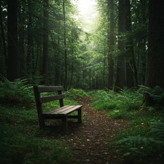 Wooden Bench Sits Beside Forest Path Surrounded By Green Trees Under Sunlight