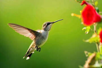 Fototapeta premium hummingbird, bird, flying, green, nature, wildlife, flower, small, humming, animal, ruby, beak, wings, throated, birds, flight, hovering, avian, feather, fly, wing, feathers, fast, ruby-throated, feed