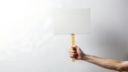 Person holding a blank protest sign on a stick against a white background for demonstration or activism