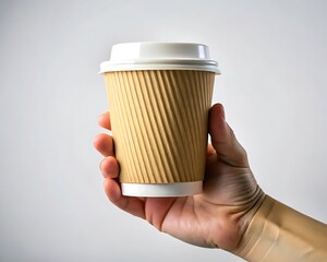 Hand holding a disposable paper coffee cup with a ribbed texture and white lid against a light background