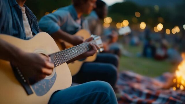A group of friends plays acoustic guitars in a park, with strings strumming, a campfire glowing, blankets spread, and stars twinkling, depicted in a melodic photo with string vibrations, flame
