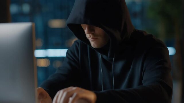 A hooded figure at a cluttered desk, backlit by a single monitor casting code reflections across their face, dark photo aesthetic emphasizing cyber mystery, hacker culture, cybersecurity tension,