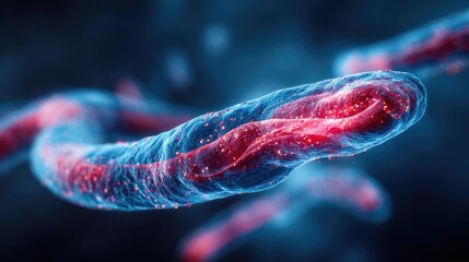 Blood clot blocking red blood cells stream in artery concept. Close-up view of a glowing microscopic organism in vivid colors.