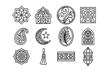 islamic ornament collection line art arabesque vector set. arabic geometric pattern outline icons for ramadan. islamic architecture elements outline ornament pack. decorative arabesque motif pack
