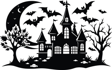 Halloween silhouette of a haunted castle under a crescent moon, surrounded by bats and bare trees, creating a spooky halloween scene