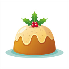 Christmas Pudding Cake with White Frosting and Holly Berry Decoration for Holiday Greeting