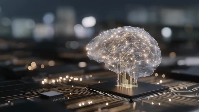 Abstract digital brain floating above a coding terminal, connected by streams of binary code and glowing data points, symbolizing deep learning, neural networks, coding interface innovation, and - Powered by Adobe