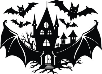 Halloween silhouette of a creepy haunted house with bats flying around, framed by large bat wings, creating a spooky halloween scene