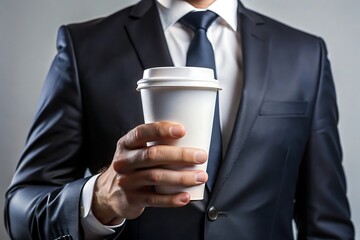 Businessman in a dark suit and tie holding a white disposable coffee cup towards the camera
