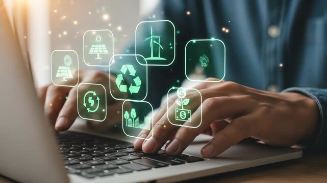 Sustainable Technology: Hands on Laptop with Green Energy Icons - Solar, Wind, Recycling, CO2 Reduction, and Eco-Friendly Growth