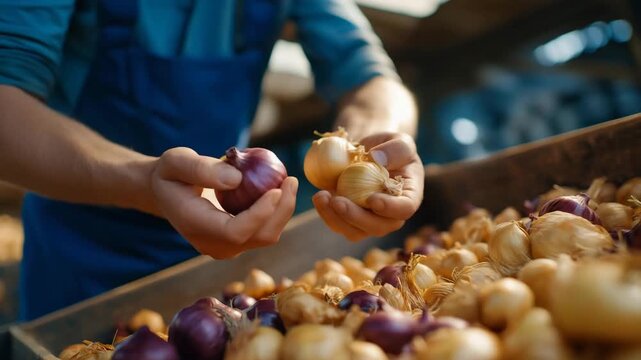 Close-up of European cooperative farmer&rsquo;s hands sorting garlic and onions, artisanal organic processing, new crop heirloom varietals, farm fresh market ready, slow-food authenticity. three-quarter