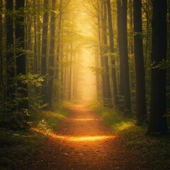 Fototapeta premium Sunlit Path Through Autumn Forest with Tall Trees and Dense Foliage in Golden Light