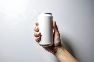 Hand holding a blank white aluminum beverage can against a clean white background with soft shadows