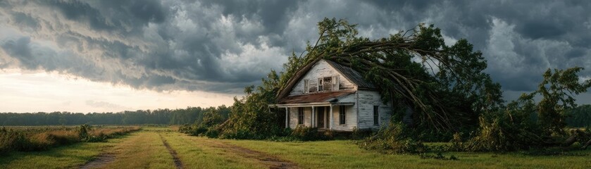 Fallen tree on house roof after hurricane concept. A weathered house surrounded by stormy skies and fallen trees.