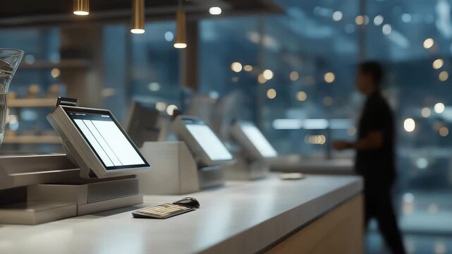Luxury retail checkout experience with sleek digital counter, glowing touchscreens, and customer paying via cryptocurrency wallet, representing futuristic payment methods and innovative retail