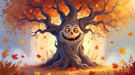 Whimsical halloween tree with a joyful face amidst falling autumn leaves