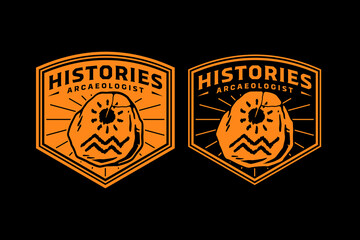 Ancient artifact with sun and mountain sketch, petroglyph retro badge logo design set for archaeology, adventure. Prehistoric carving stone vintage emblem patch logo graphic pack. Vector illustration