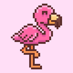 Obraz premium Vibrant pink flamingo designed in a classic retro pixel art style. This 8-bit illustration of the elegant tropical bird is a perfect symbol for summer, vacation, and exotic wildlife