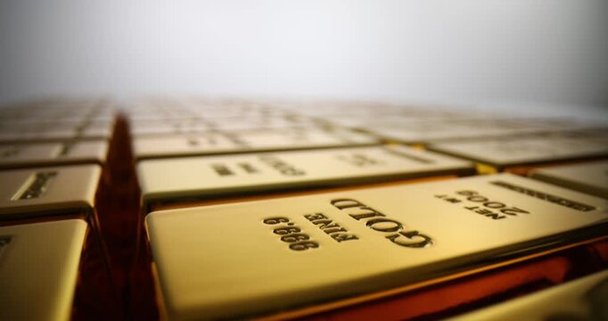 Gold bars lie neatly in rows in secure chamber of bank. Vault preserves bars of gold in safe rows. Gold rests in rows to maximize space in vault