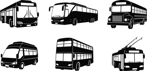 Black and white bus vector illustration, city bus, coach bus, school bus, minibus, double decker, trolleybus, public transport silhouette clipart © MdNurunnabi