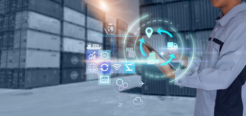 Smart Warehouse,Inventory management system concept.Manager using digital tablet,showing warehouse software management dashboard on blurred warehouse as background