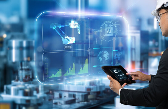 Smart technology industry control concept. Hands holding tablet on blurred automation machine as background