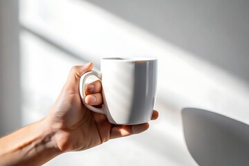 Hand holding a white ceramic mug with sunlight casting shadows on a white wall