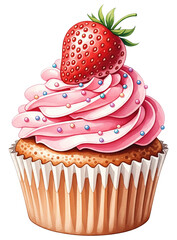 3d illustration of watercolor cupcake with pink frosting and strawberry isolated on transparent background for sweet dessert concept