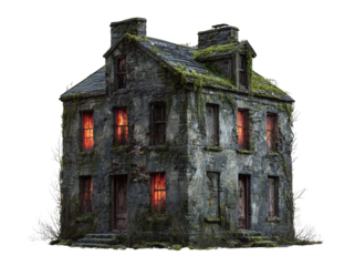Old abandoned house with glowing windows, overgrown with moss isolated on transparent background