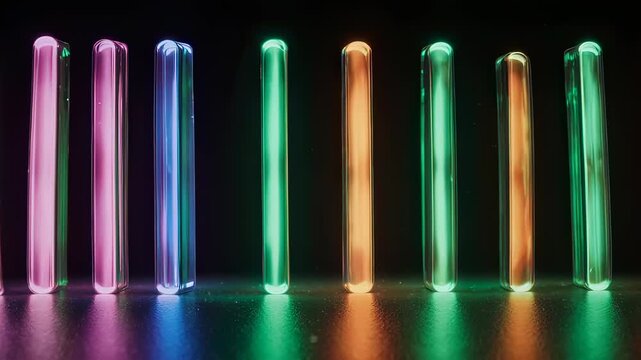 Vertical, glowing, translucent tubes of different colors arranged on a reflective surface. Abstract
